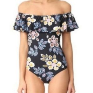 Tory Burch Hopewell Ruffled One Piece Swimsuit Flowers Off-The-Shoulder Size XS